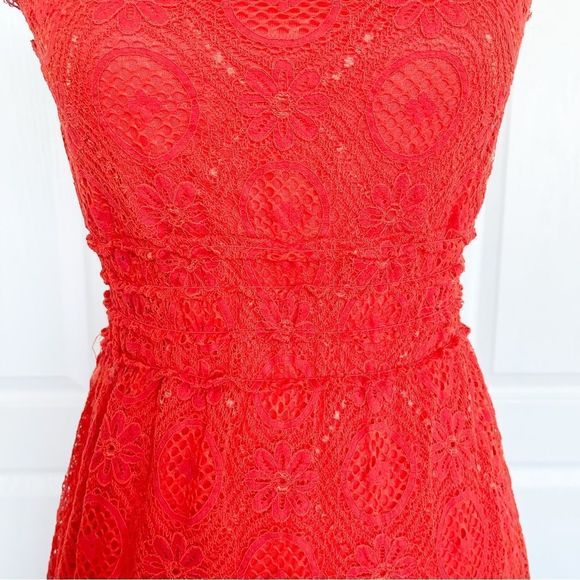 Max Studio XS Red Orange Bright Cheerful Floral Lacy Layered Sleeveless Dress - Picture 6 of 13